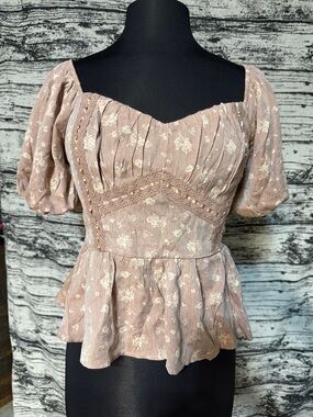 Trixxi Mauve Floral Puff-Sleeve Peplum Top
